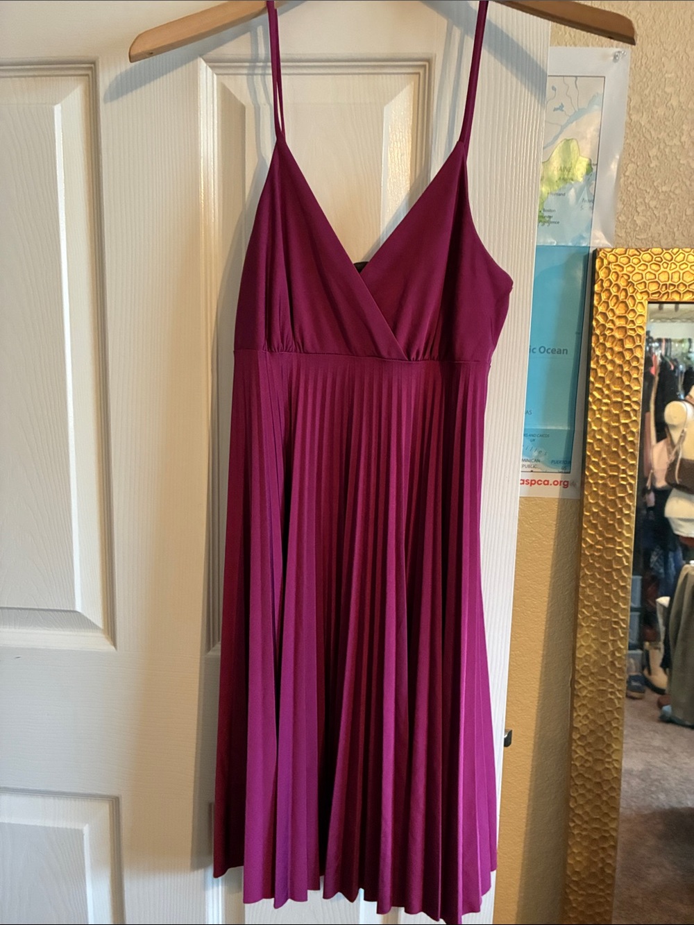 Soprano Magenta Pleated Midi Dress with Spaghetti Straps